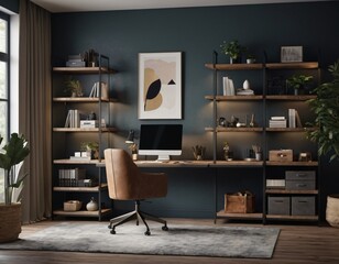 a high-quality 3D render of a stylish and functional home office. Incorporate a sleek desk, an ergonomic chair, and ample storage solutions like shelves and cabinets