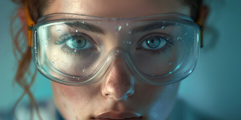 Close up portrait of young woman wearing goggles with protective eye in the work.
