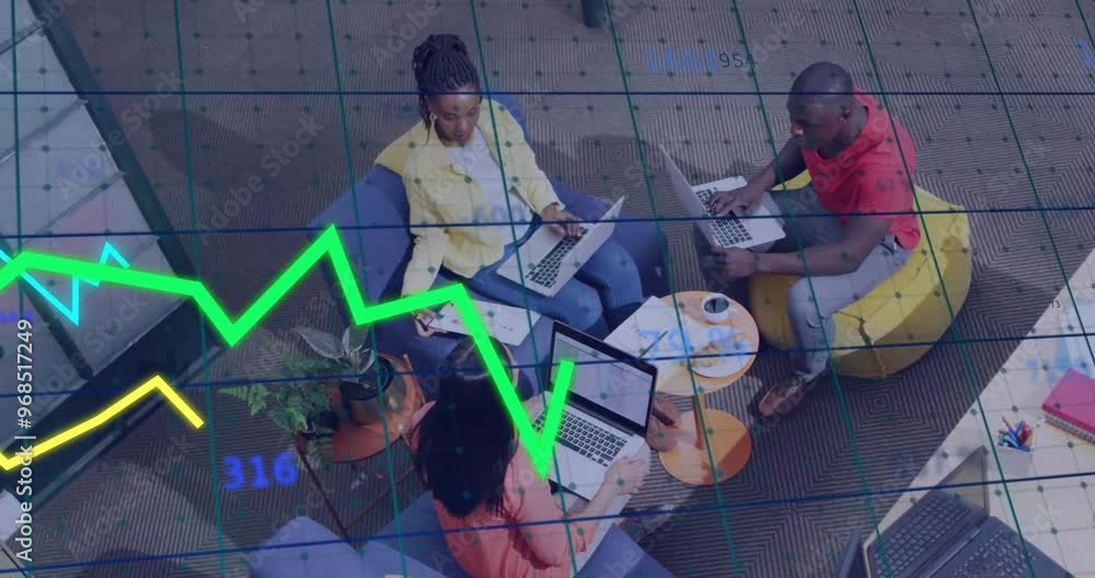 Aufkleber animation of financial data processing over diverse colleagues working in office