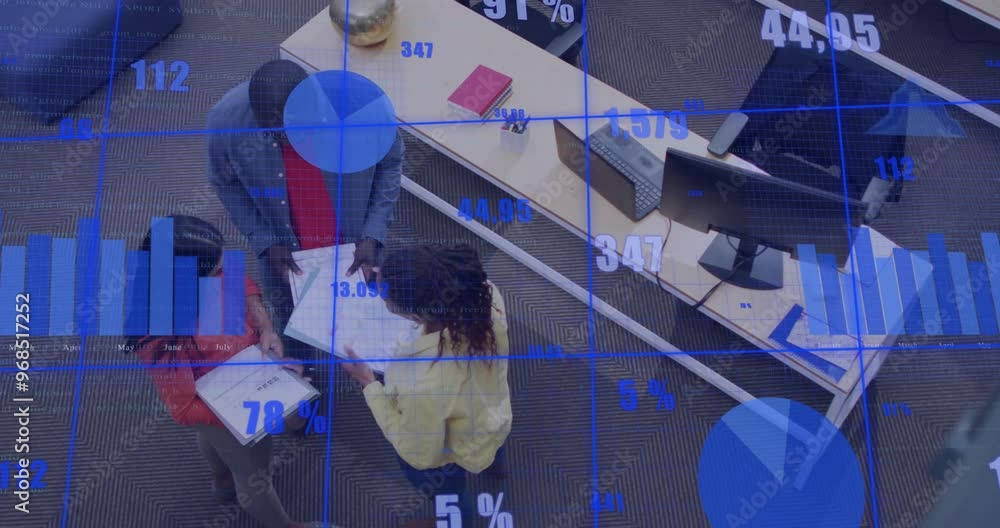 Poster animation of financial data processing over diverse colleagues working in office