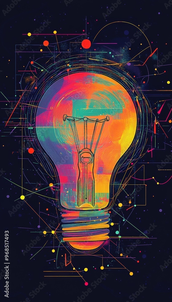 Poster a vibrant, artistic light bulb design with colorful patterns and abstract lines, symbolizing creativ