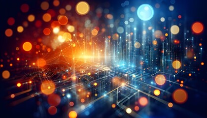 Obraz premium Abstract bokeh lights on a blue and orange background, conveying a festive or technological concept