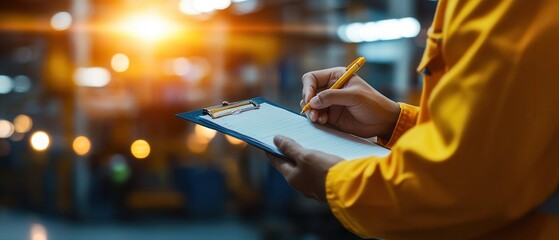A worker in a yellow jacket takes notes on a clipboard, capturing important details in a well-lit industrial setting.