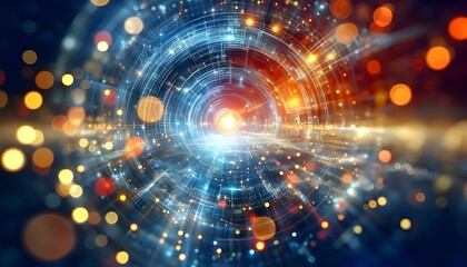 Obraz premium Abstract bokeh lights on a blue and orange background, conveying a festive or technological concept