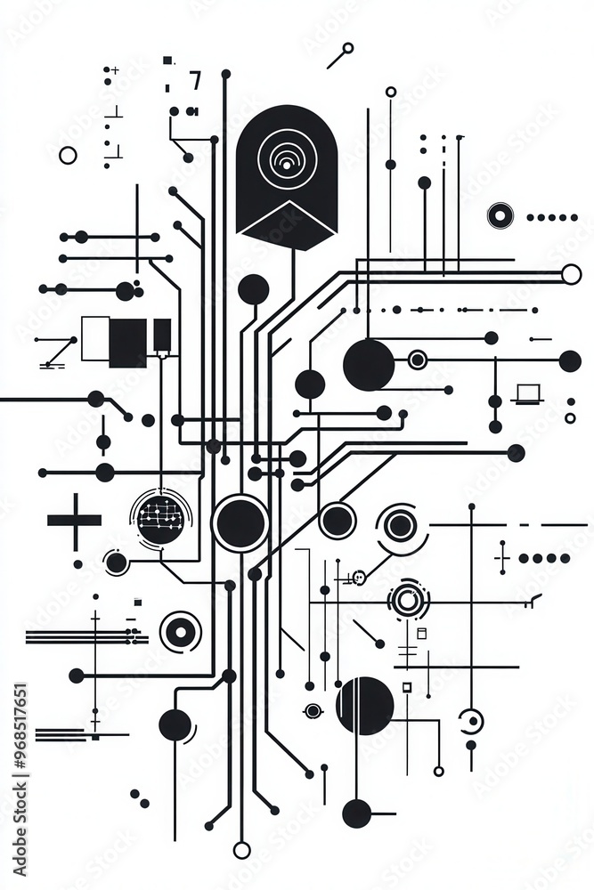 Poster abstract black and white circuit design with geometric shapes, lines, and patterns representing tech