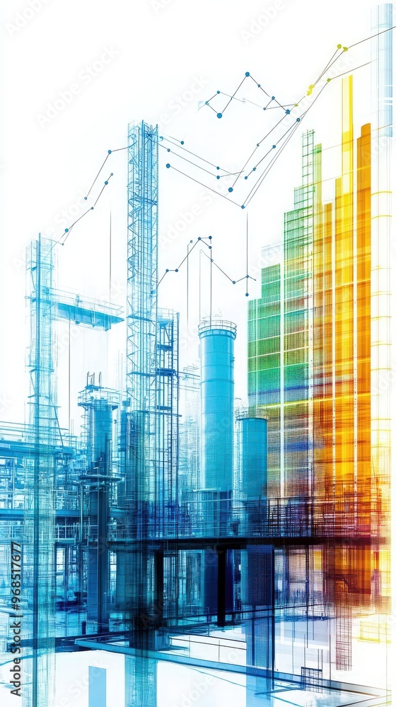 Poster abstract financial data visualization with colorful graphs and futuristic cityscape background. idea