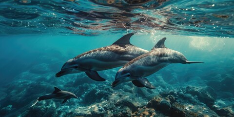 Obraz premium A mother dolphin and her young offspring frolic together, playfully splashing their tails above the water's surface.