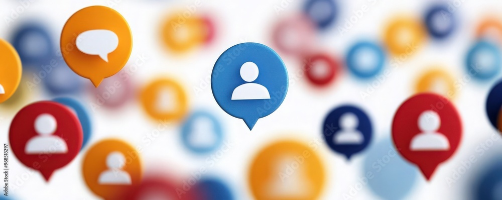 Poster colorful speech bubbles with user icons representing communication and social media interaction in a