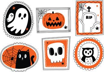 Retro Halloween Characters in Framed Art Style Featuring Ghosts Pumpkins Witches Vampires and Spooky Creatures for Decorations
