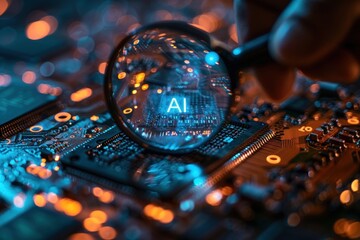 A magnifying glass focuses on the letters "AI" on a circuit board, representing the exploration and understanding of artificial intelligence.