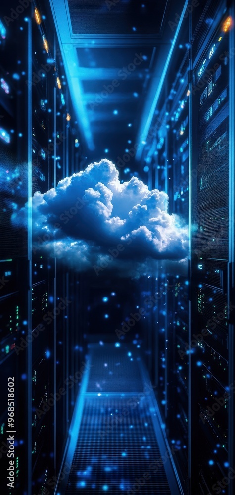 Poster futuristic data center with glowing servers and a digital cloud, symbolizing cloud computing and tec