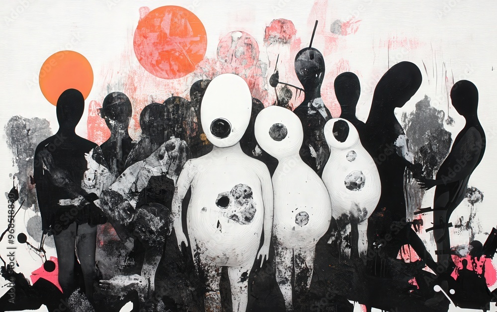 Poster surreal artwork depicting abstract figures with contrasting colors and forms, evoking emotion and co