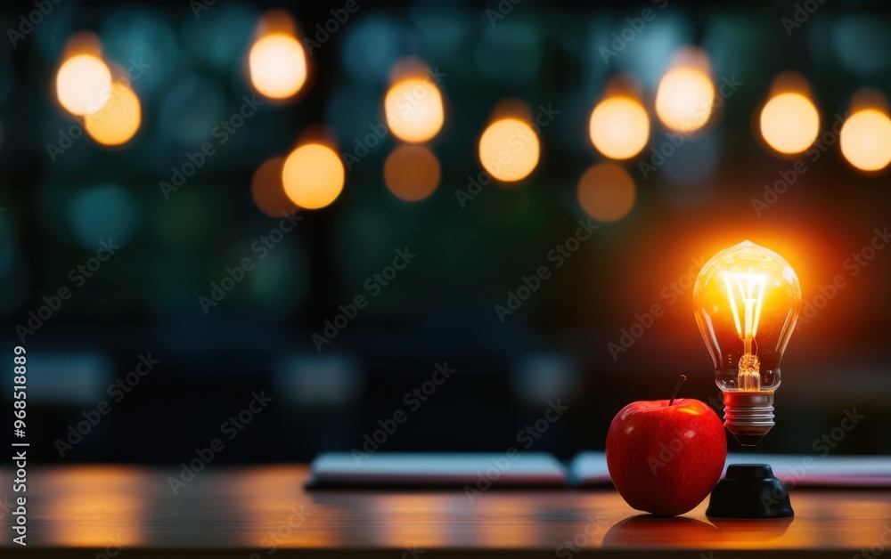 Poster a glowing light bulb next to a red apple, with blurred string lights in the background, creating a w