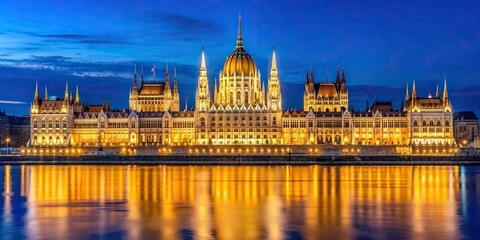 Obraz premium Nighttime Splendor Orszaghaz Parliament Building Illuminated in Budapest Reflected, splendor, reflected, Orszaghaz, Parliament Building,nighttime