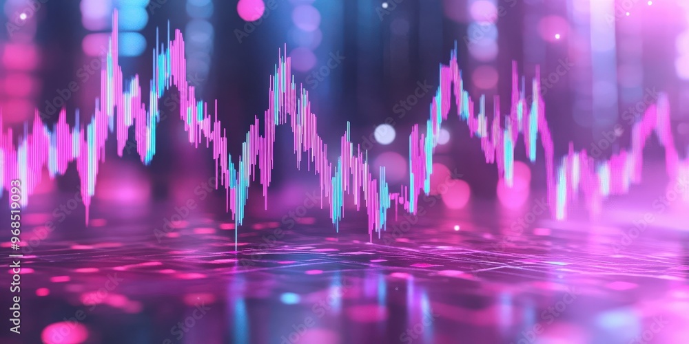 Poster vibrant abstract visuals depicting sound wave patterns with bright colors and reflections, perfect f
