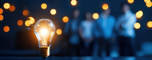 A glowing light bulb symbolizes creativity and innovation, capturing attention amidst a blurred background of people and lights.