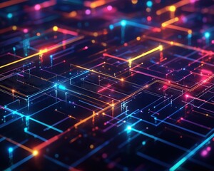 Fototapeta premium Vibrant abstract technology background featuring glowing lines and shapes, symbolizing data flow and digital innovation.