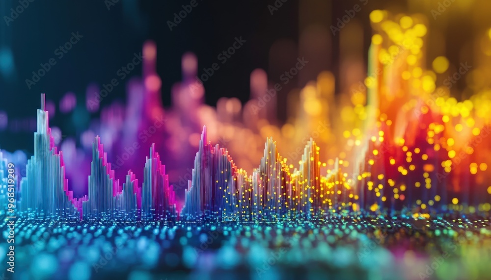 Poster vibrant sound wave visualization with colorful bars and glowing dots, representing digital audio and