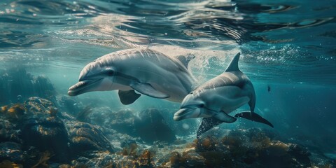 Obraz premium A mother dolphin and her young one joyfully swim together, splashing their tails above the water.