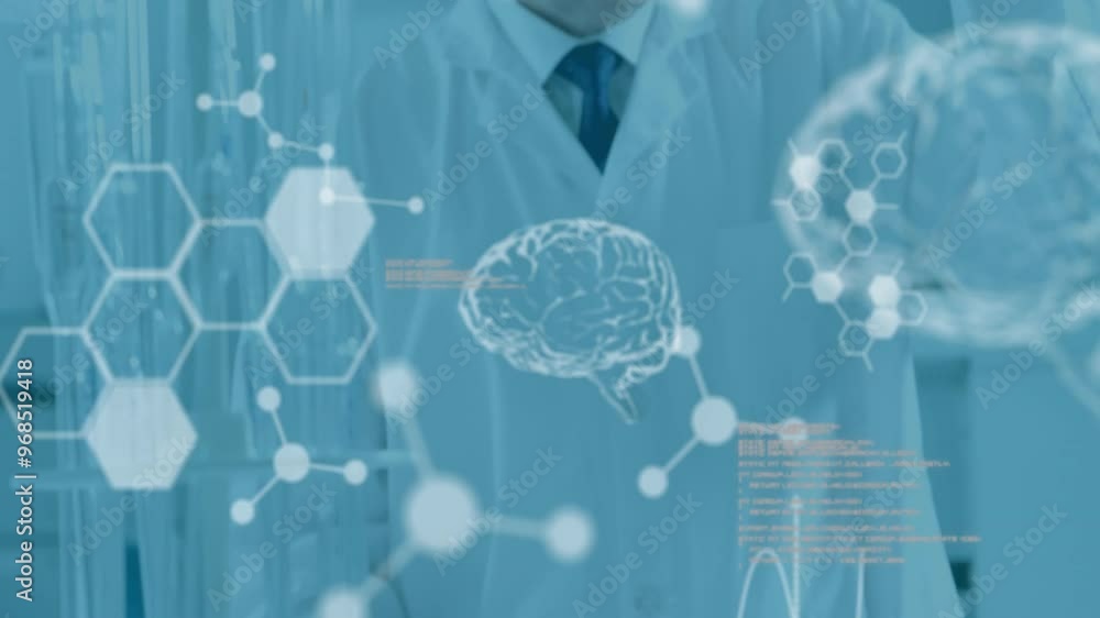 Canvas Prints animation of scientific data processing and human brains over caucasian male scientist in laboratory