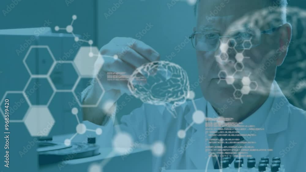 Canvas Prints animation of scientific data processing and human brains over caucasian male scientist in laboratory