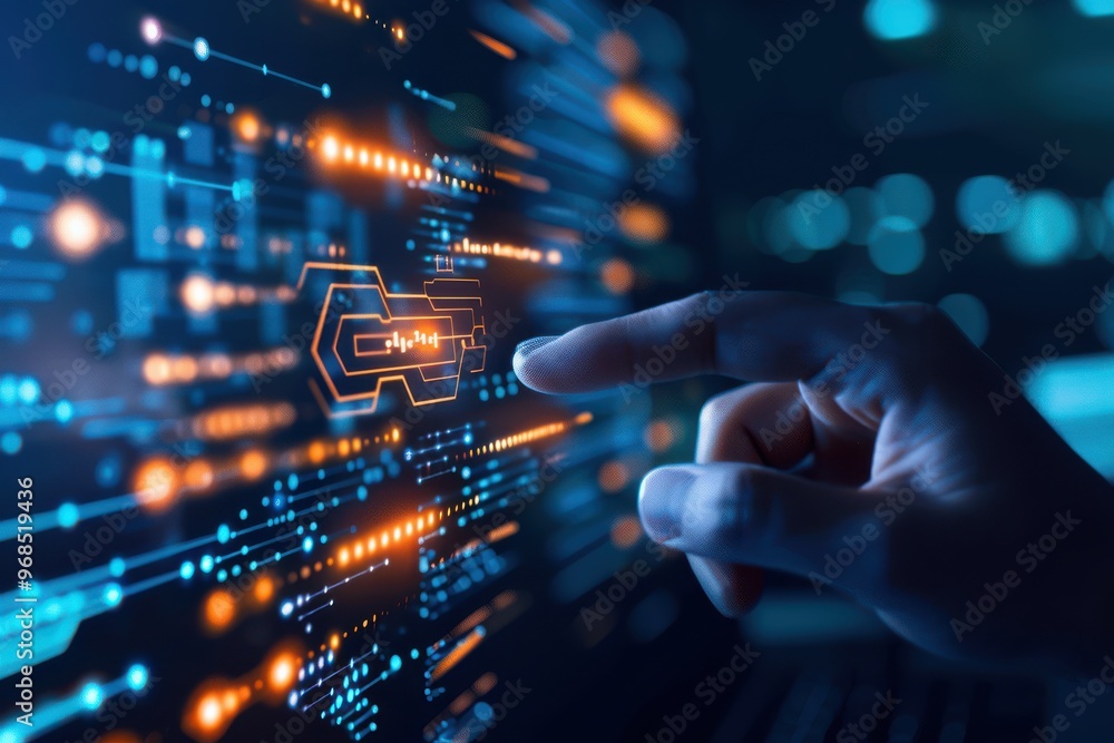 Poster a hand interacts with a digital interface, showcasing technology and innovation through glowing data