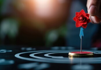 Fototapeta premium A hand placing a red rose target on a bullseye, symbolizing goals and achievements in a creative marketing concept.