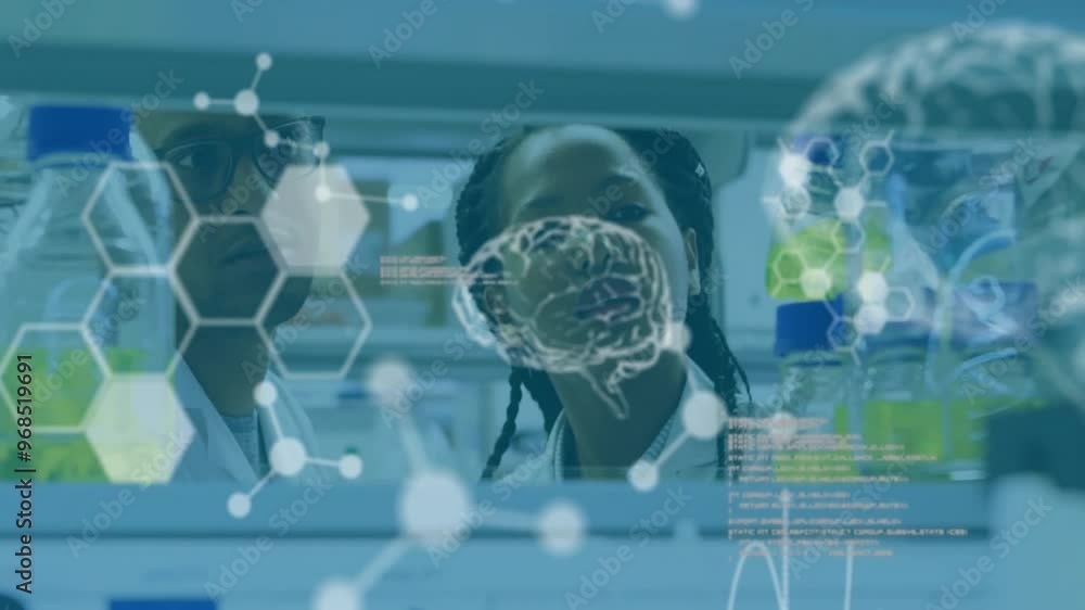 Poster animation of scientific data processing over diverse scientists in laboratory