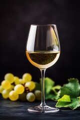 A beautiful glass of white wine with fresh grapes and green leaves, set against a dark background. Perfect for wine lovers.