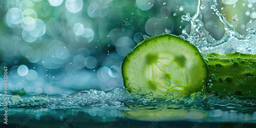 Poster banner with copy space featuring a macro shot of a cucumber slice submerged underwater