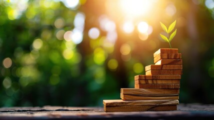 A peaceful scene showcasing wooden blocks forming steps with a green plant sprouting, symbolizing growth and development.
