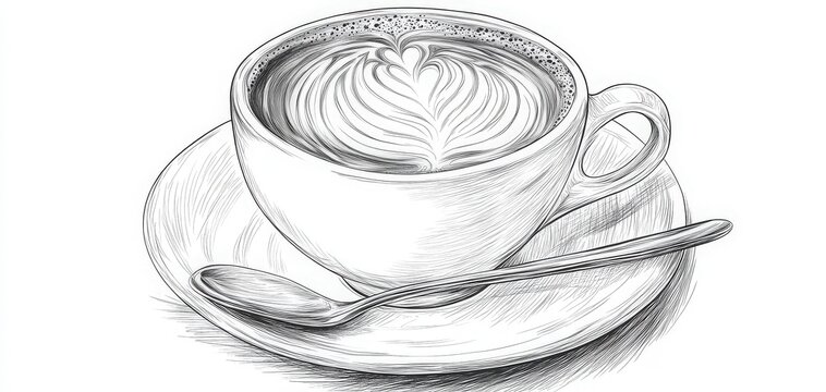A beautifully sketched coffee cup with intricate latte art on top, resting on a saucer with a spoon beside it.
