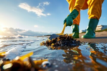 A person in yellow rain gear collects seaweed from the beach on a sunny day, working to maintain ocean cleanliness.