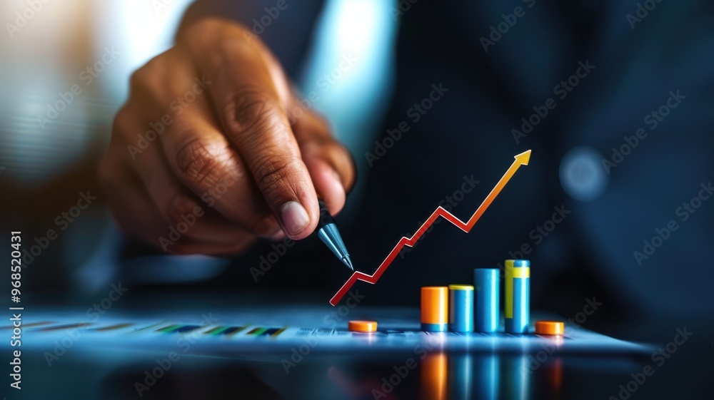 Poster a professional hand analyzing a growth chart with colorful graphs and a pencil, symbolizing business