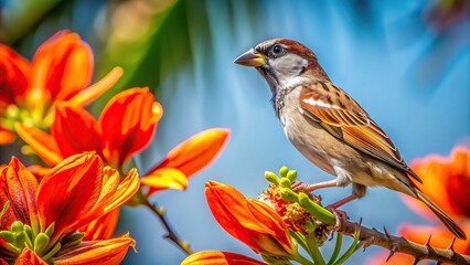 sparrow, avian, plumage, bird, colorful, foliage, botanical, vibrant, small, vibrant., nature, A beautiful sparrow perched on top of an African Tulip tree captured from a low angle