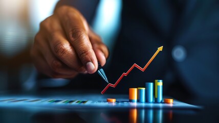 A professional hand analyzing a growth chart with colorful graphs and a pencil, symbolizing business progress and success.