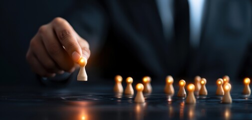 A professional in a suit strategically places a pawn among illuminated pieces, symbolizing leadership and decision-making.