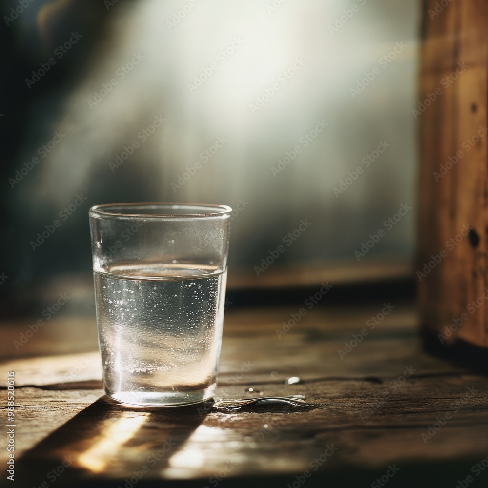 Poster a glass of water illuminated by soft light on a rustic wooden surface, creating a serene and tranqui