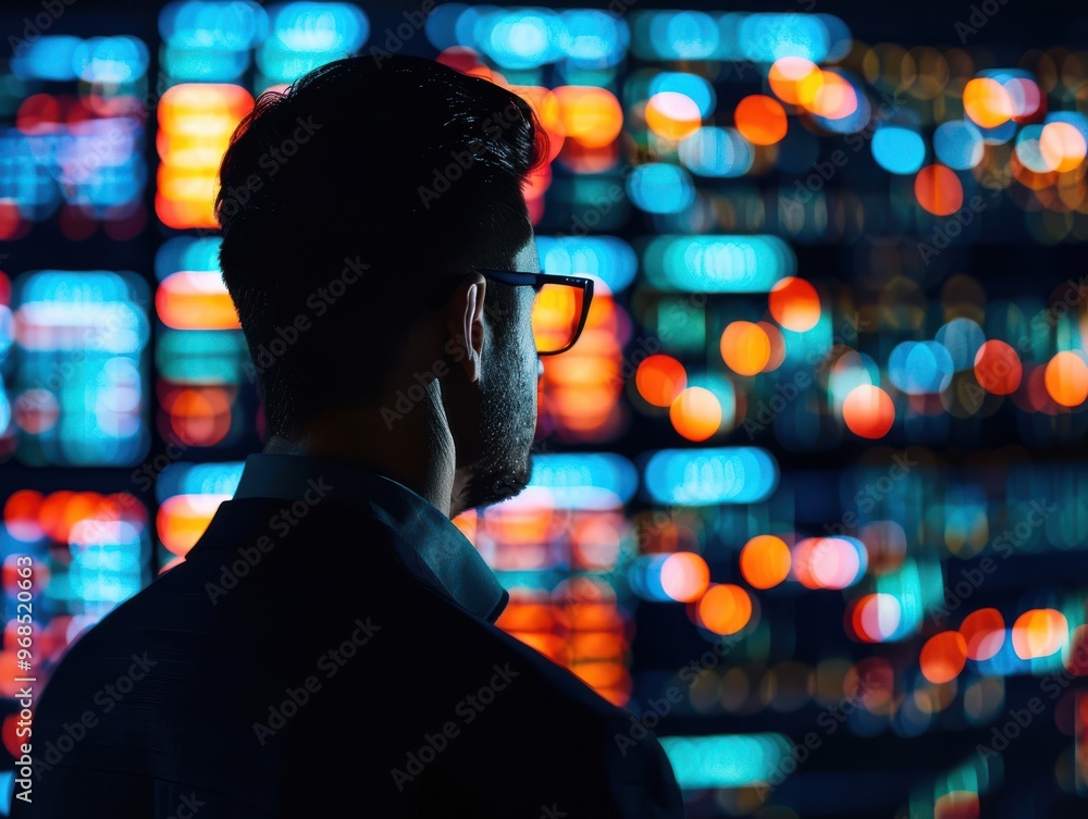 Poster a professional man observes vibrant data visuals, highlighting technology and innovation in a dynami