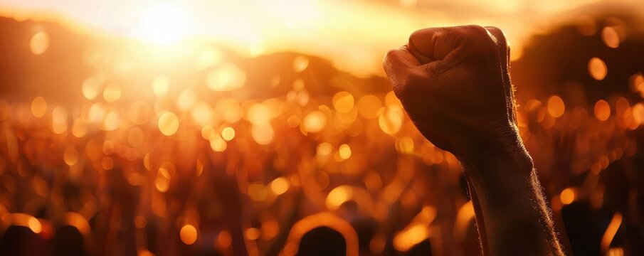 A raised fist symbolizes empowerment and unity against a vibrant sunset backdrop, capturing the essence of solidarity.