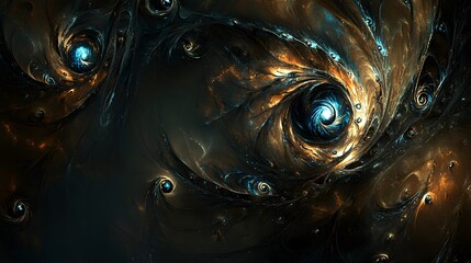 Abstract swirling digital art with black  brown  teal and gold colors