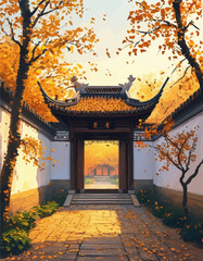 Fototapeta premium Autumnal Gateway to a Traditional Chinese Courtyard