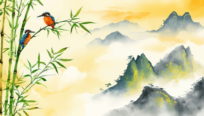Birds perched on bamboo branches with misty mountains in the background