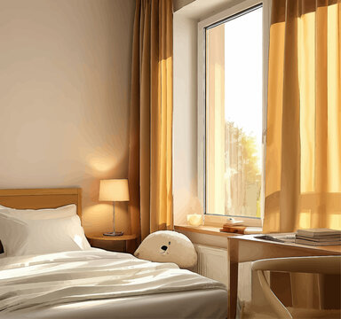 Bedroom with large window and yellow curtains, cozy and inviting