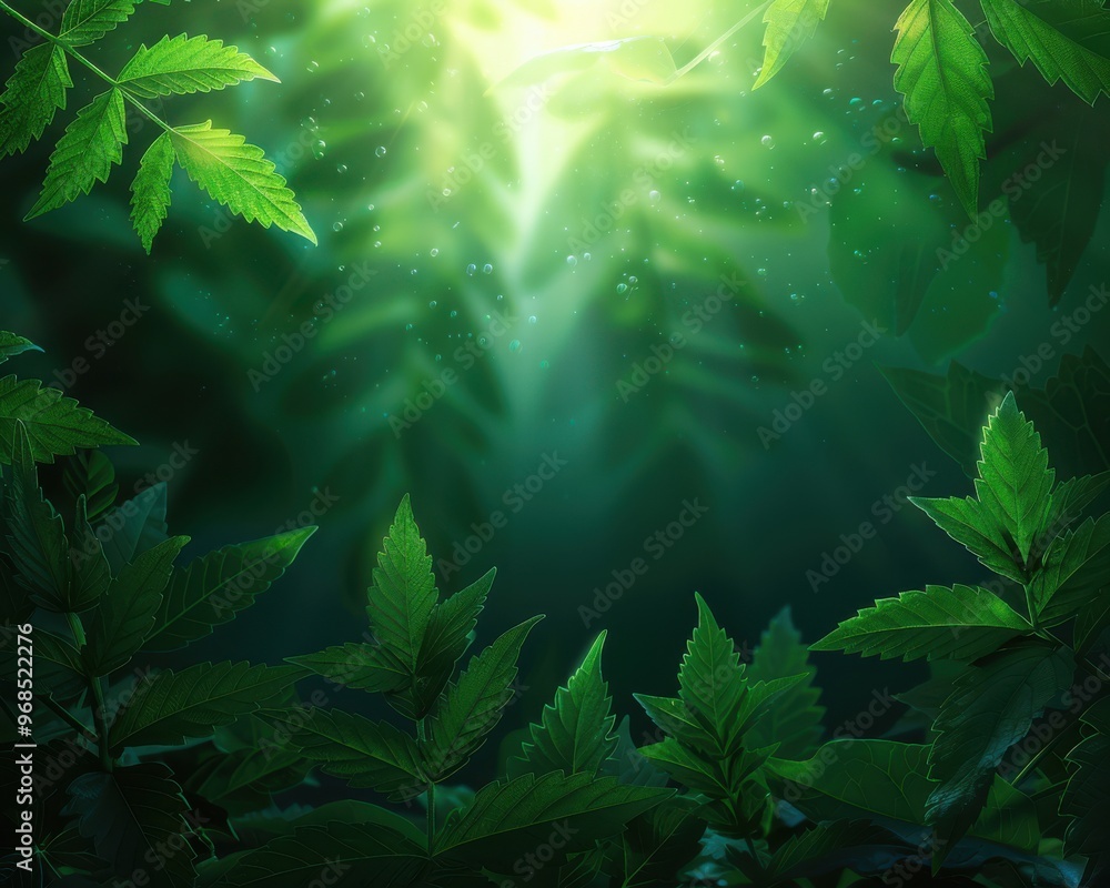 Poster a serene view of lush green leaves illuminated by soft light, creating a tranquil and refreshing atm