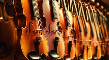 Violins hanging on the wall for sale