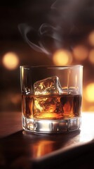 A stylish glass of whiskey on a wooden table, complete with ice cubes and a hint of smoke, evoking warmth and relaxation.