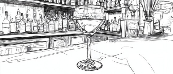 A stylish outline of a cocktail glass with a blurred bar background, perfect for illustrating nightlife and beverage themes.
