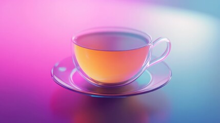 Fototapeta premium A vibrant, glowing cup of tea on a reflective surface, showcasing colorful hues and a serene atmosphere.