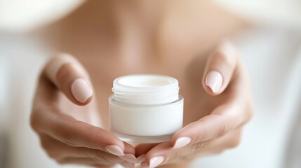 Woman's hands holding and applying cream, with focus on the jar of face cream